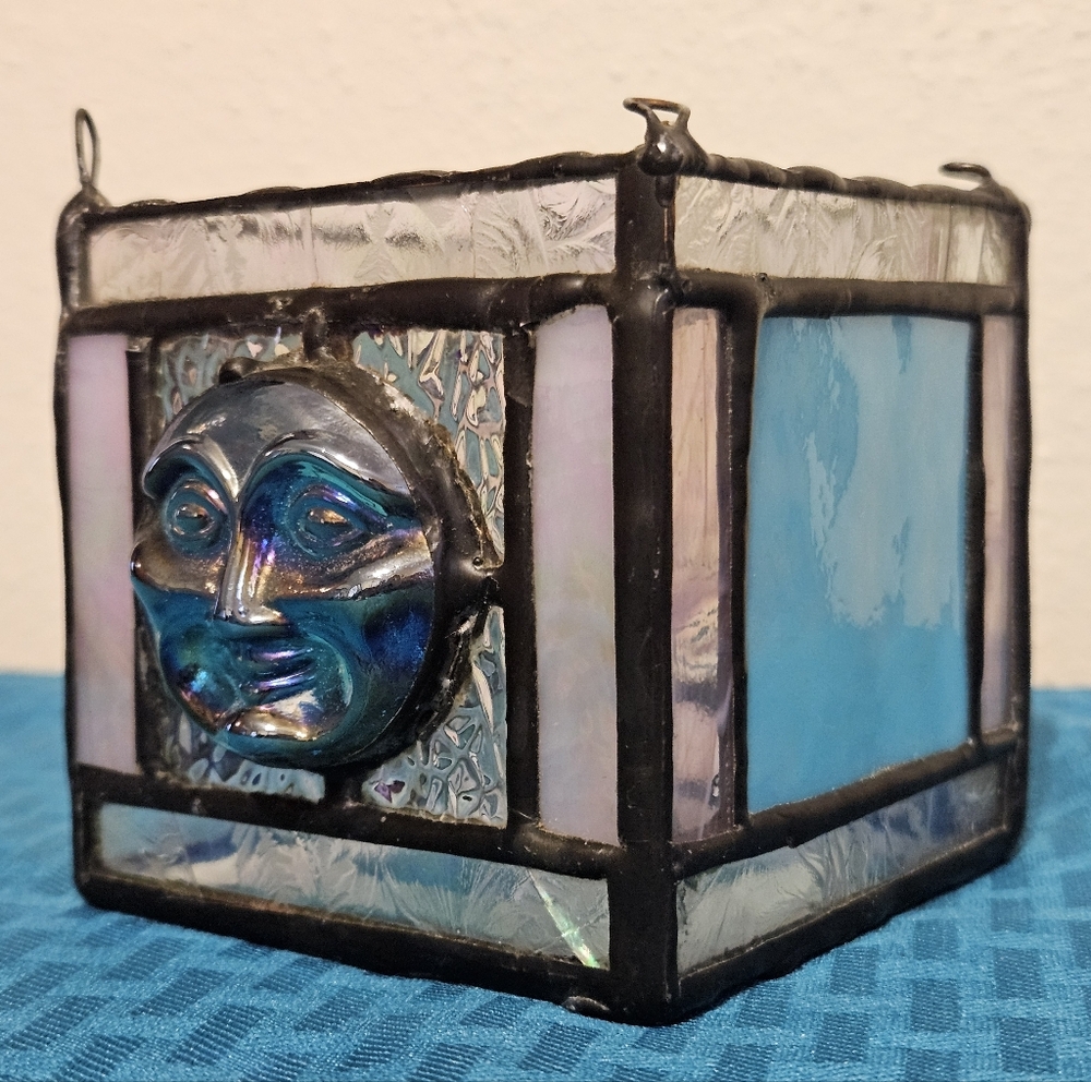 3.25" Square Iridescent Stained Glass Celestial Moon Candle Holder